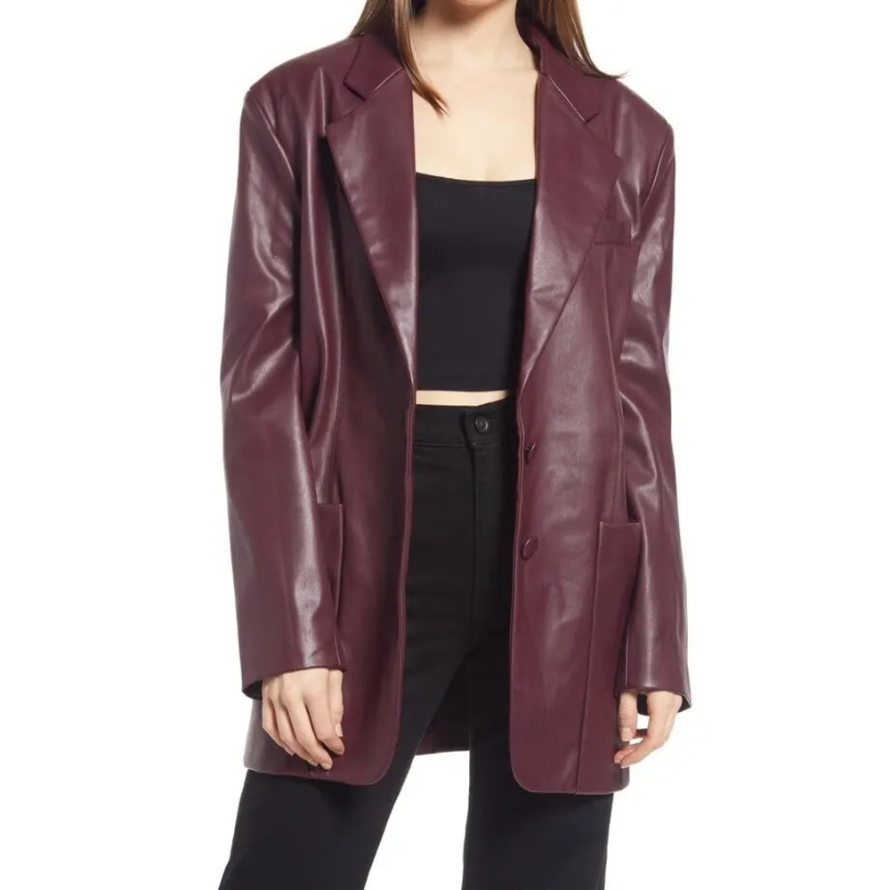 AFRM Faux Leather Blazer Burgundy Oversized Two Button Jacket XL ARVJ036616B